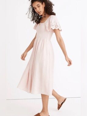 Madewell Linen-Blend Eyelet-Sleeve Lucie Smocked Midi Dress Size Medium